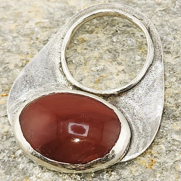 CARNELIAN AVANT GARDE STATEMENT RING IN RECYCLED STERLING SILVER METAL SIZE 9